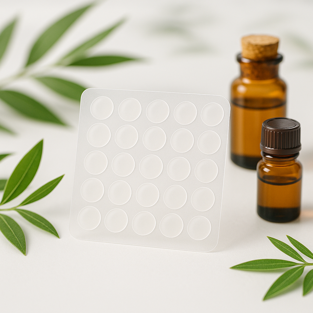 Patchs anti-boutons avec des ingrédients naturels, sur une surface claire.