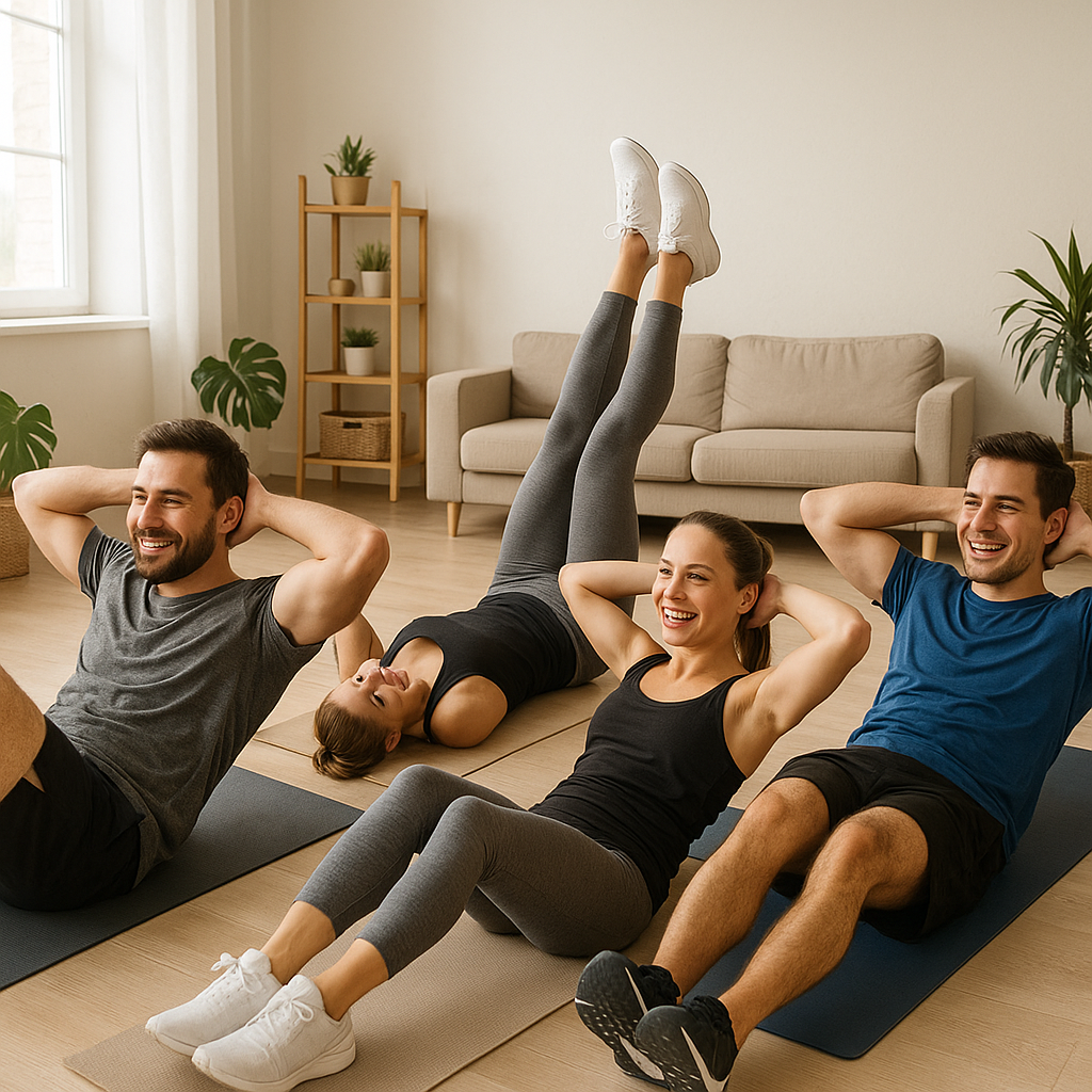 Groupe de trois personnes faisant des exercices abdominaux dans un intérieur lumineux et motivant.
