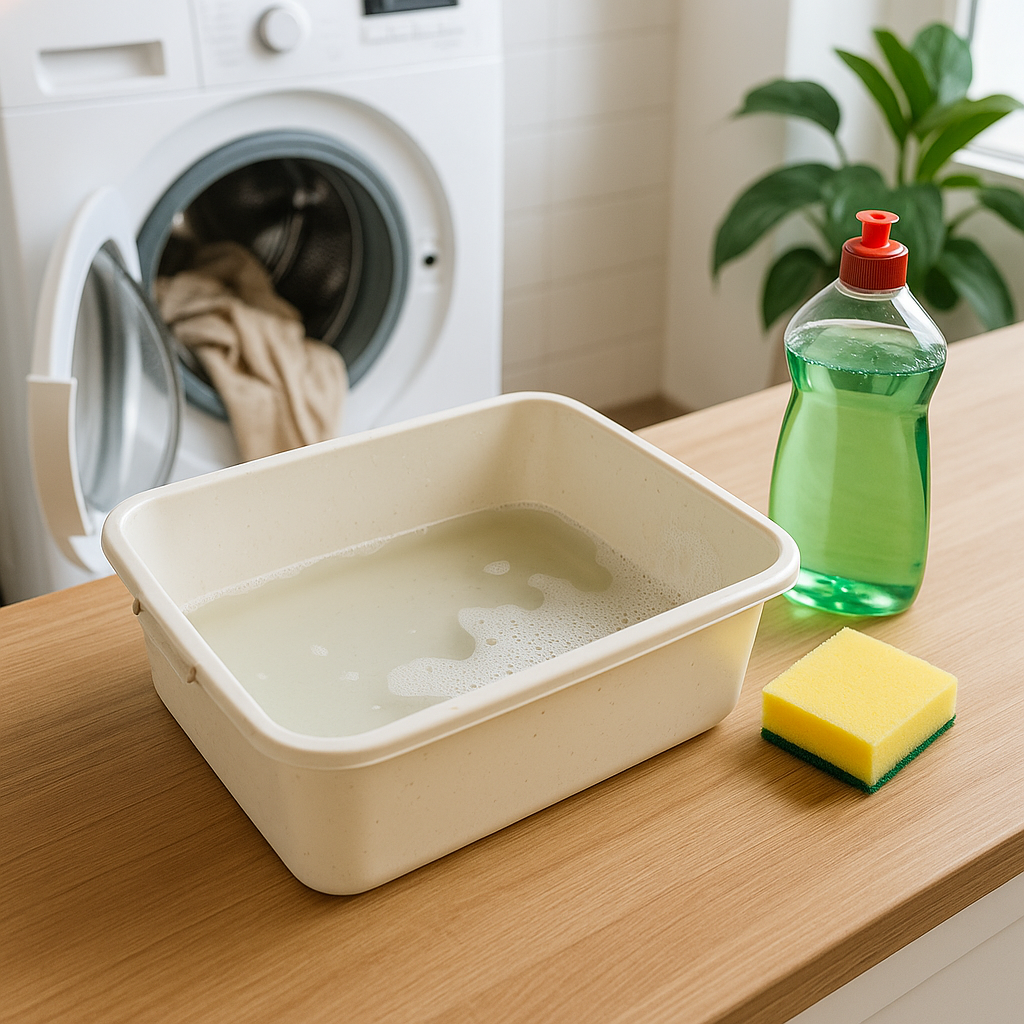 Bac à lessive démonté sur un plan de travail, prêt à être nettoyé.