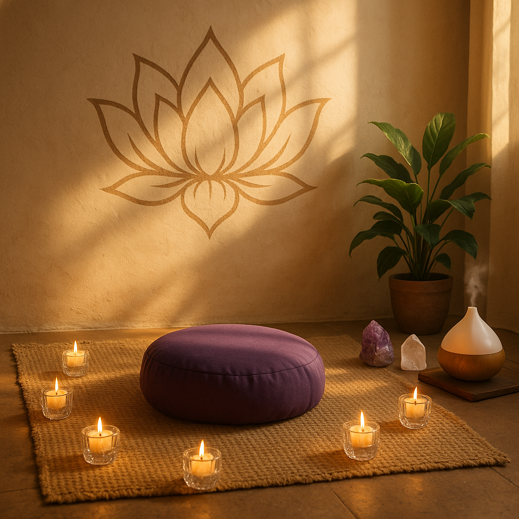 Coussin de méditation avec bougies et fleurs de lotus en décoration, représentant l'harmonie du chakra coronal.