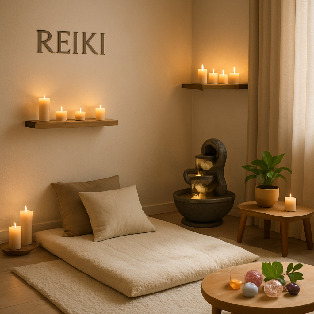 Ambiance douce et apaisante d'un espace de Reiki, avec des coussins et des bougies.