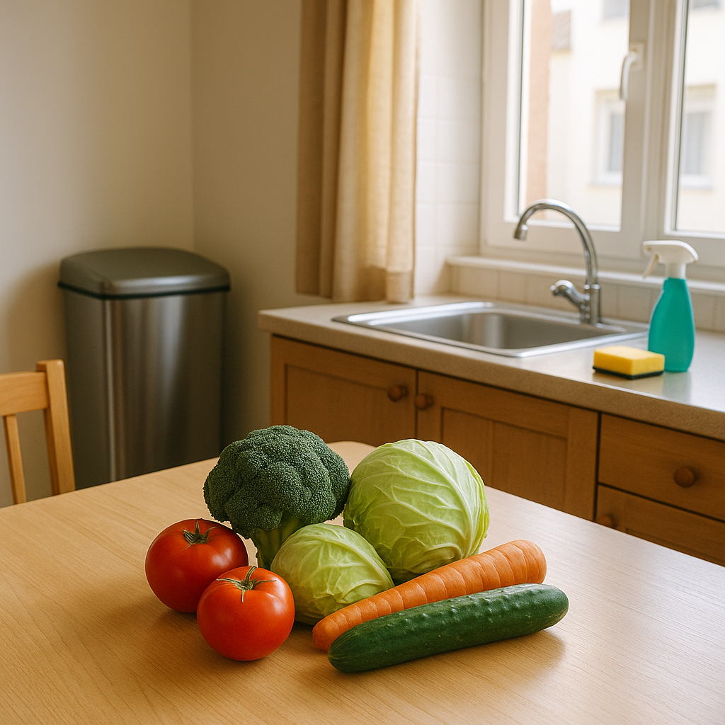 Espace de vie bien rangé avec une poubelle fermée et des légumes frais sur la table.