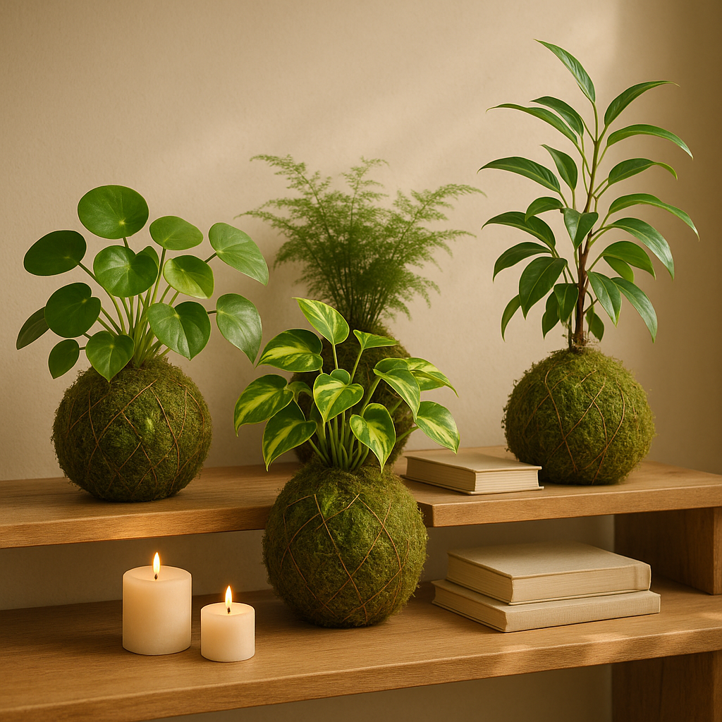 Une étagère en bois décorée avec plusieurs kokedamas et des éléments naturels.