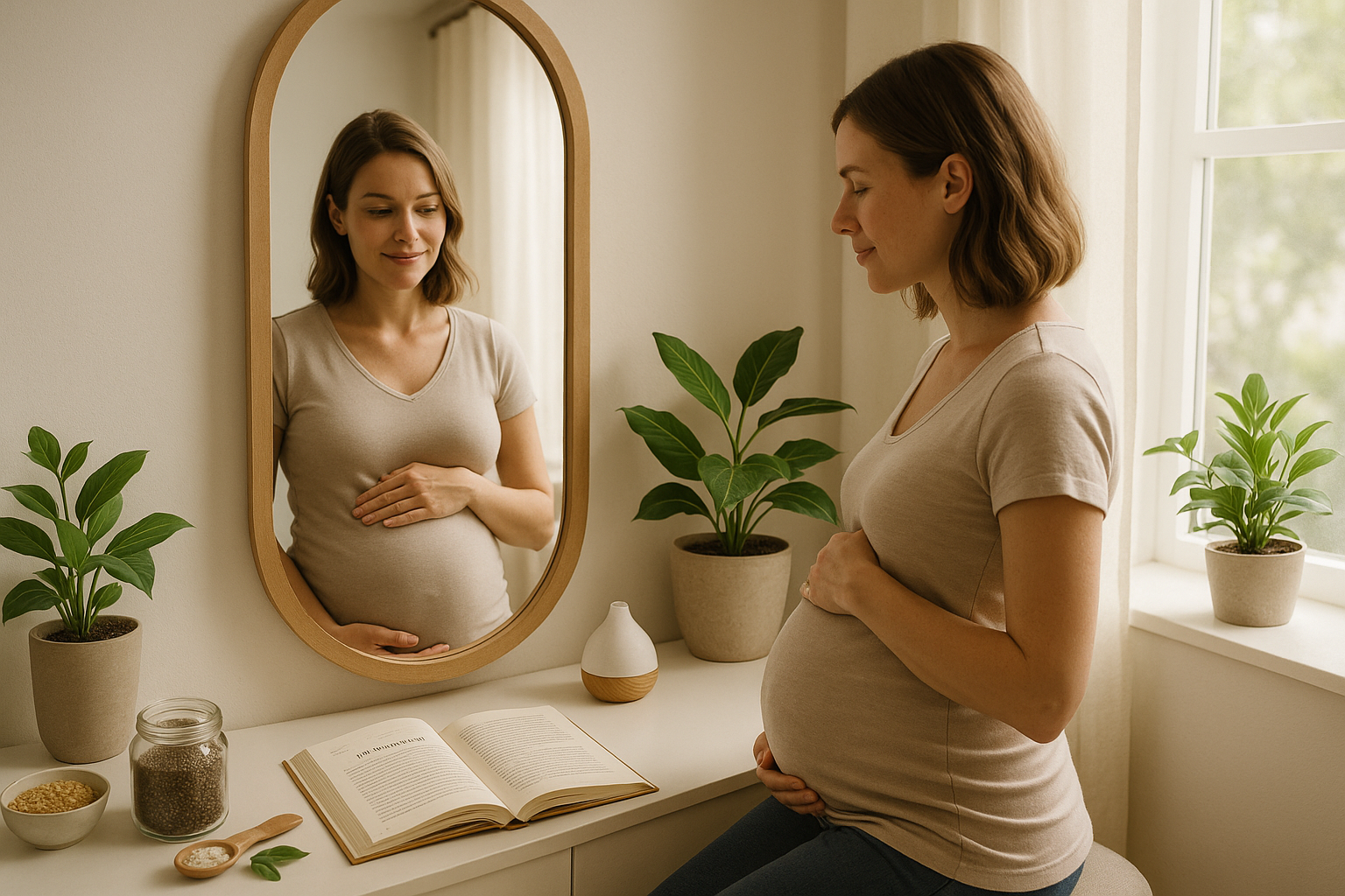 Femme enceinte se regardant dans un miroir.