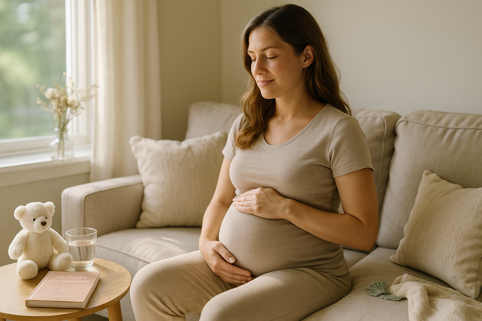 Une femme enceinte détendue dans un salon, entourée d'objets de maternité et de lumière naturelle.