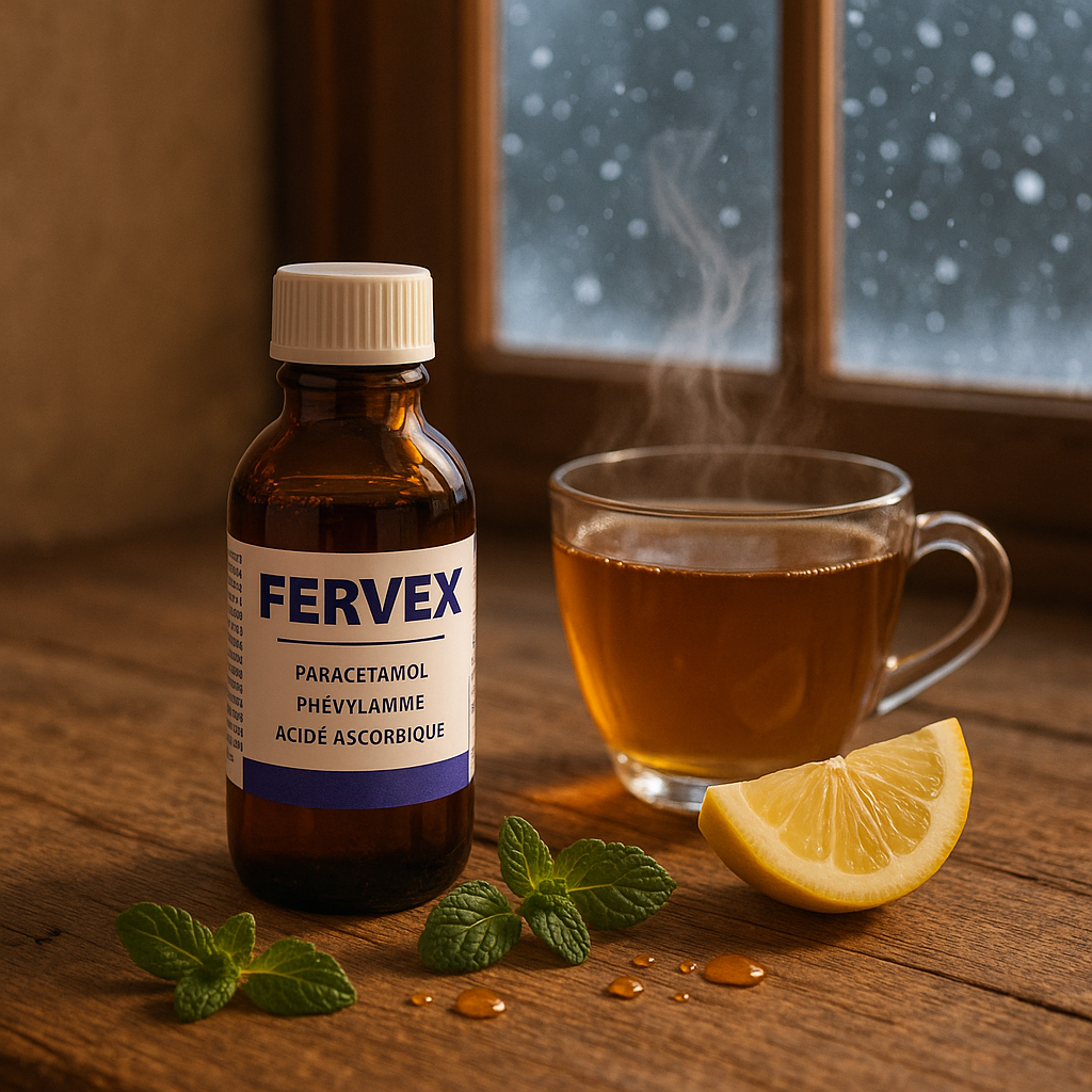 Flacon de Fervex sur une table en bois avec des remèdes naturels et une ambiance de saison froide.
