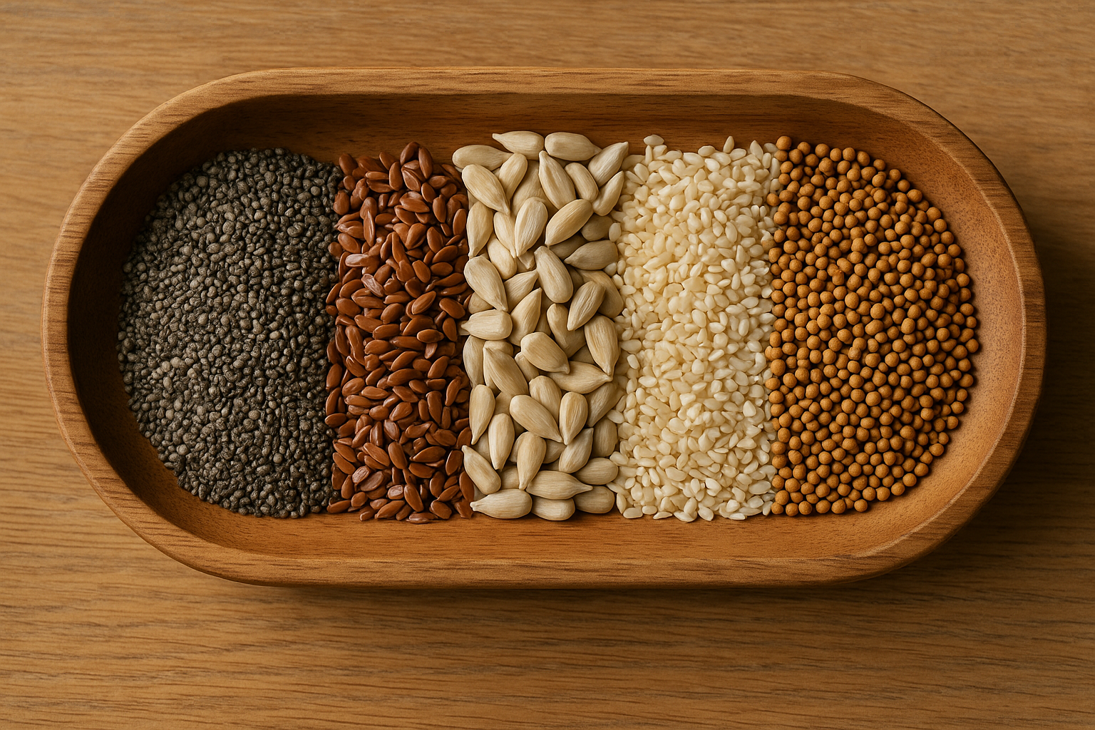 Différentes graines disposées sur un plateau naturel