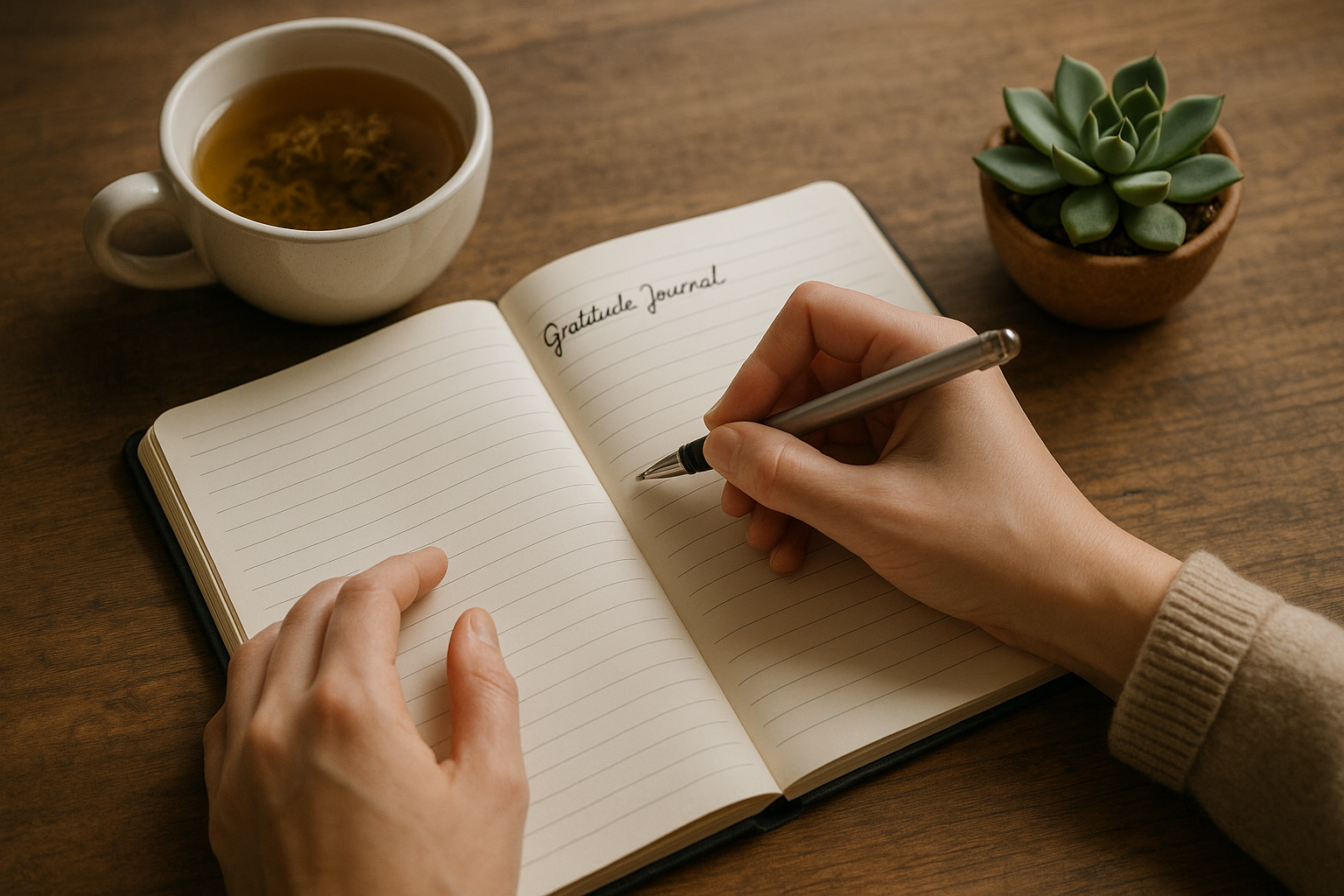 Journal de gratitude à côté d'un pot de lavande