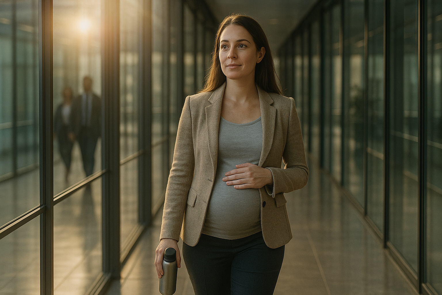 Femme enceinte marchant dans un open space lumineux, main sur son ventre et bouteille d'eau réutilisable à la main