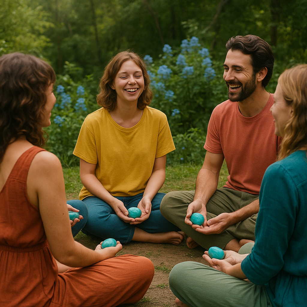 Groupe de personnes en cercle tenant des pierres turquoise, travaillant sur leur chakra de la gorge dans un environnement naturel.