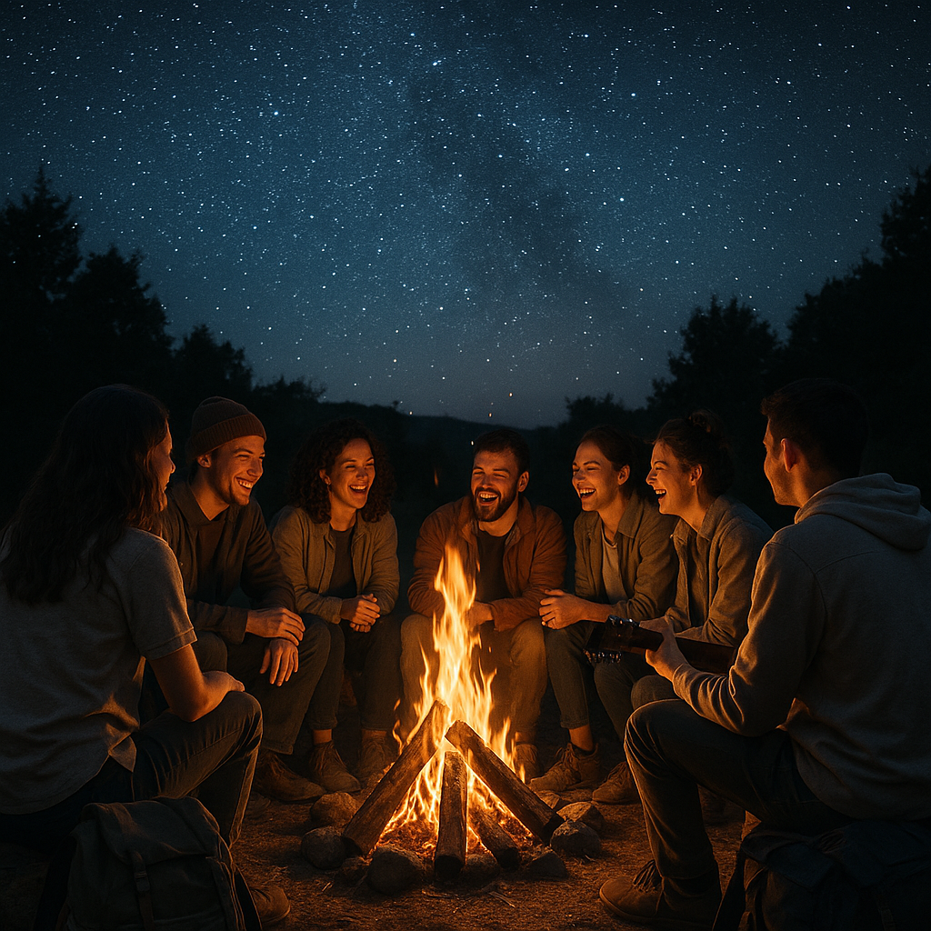Groupe de personnes autour d'un feu de camp partageant des histoires sous un ciel étoilé, illustrant l'aventure et les relations du chemin de vie 5.