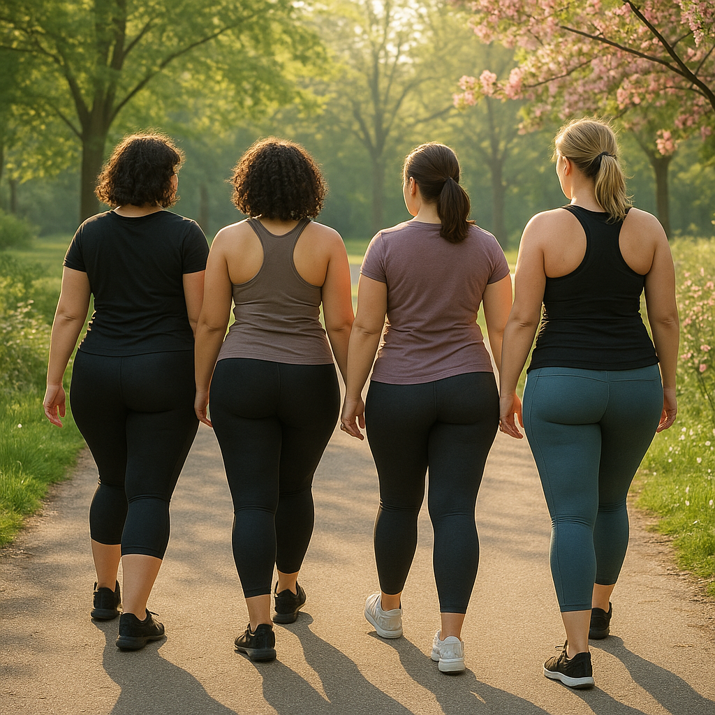 Groupe de femmes marchant dans un parc, symbolisant la solidarité contre le lipoedème.