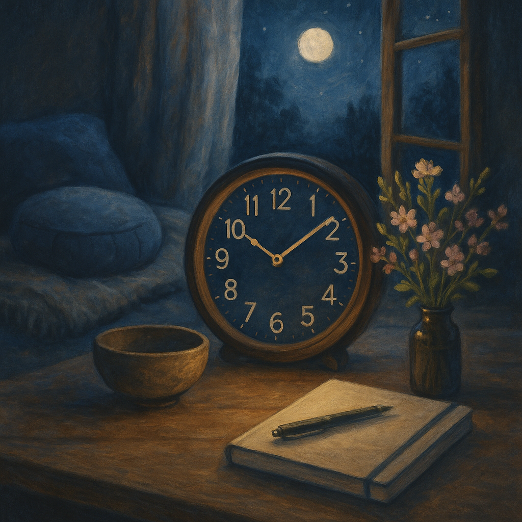 Ambiance nocturne avec horloge 21h21, fleurs de Bach, coquille de méditation, carnet et coussins pour la relaxation.