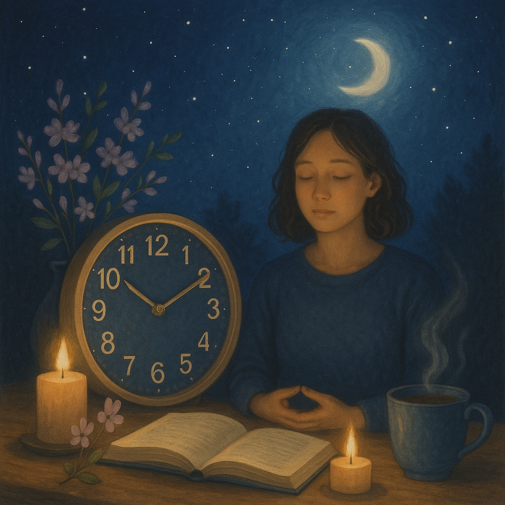 Scène nocturne avec horloge 21h21, fleurs de Bach, bougies, livre ouvert et tasse de thé sous un ciel étoilé pour la méditation.