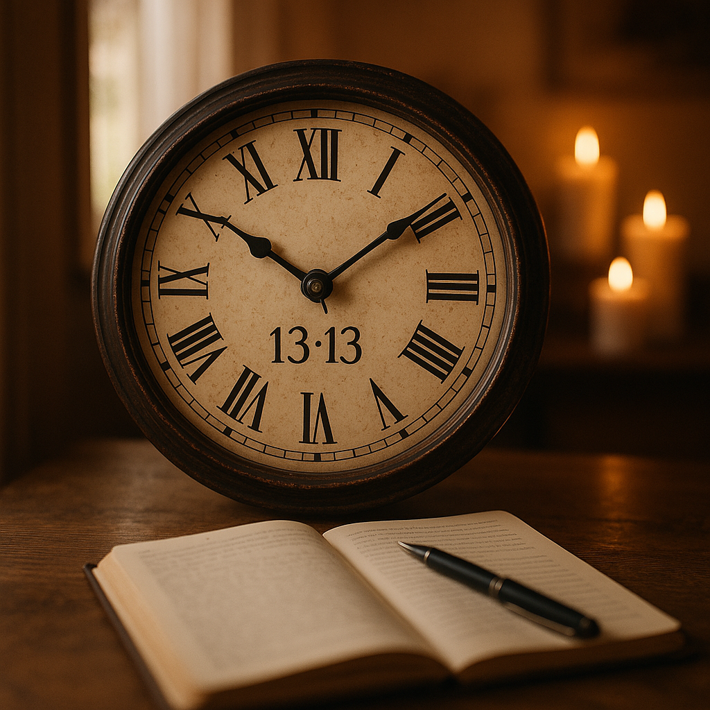 Un gros plan d'une horloge ancienne indiquant 13h13 dans un intérieur chaleureux avec un journal et des bougies.