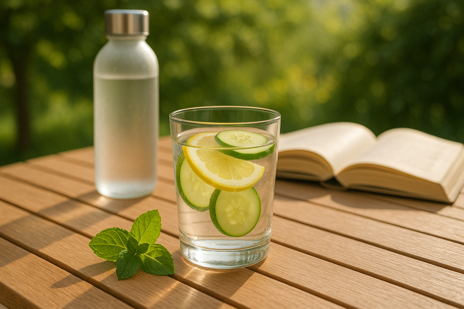 Verre d'eau avec citron et concombre pour s'hydrater pendant la canicule