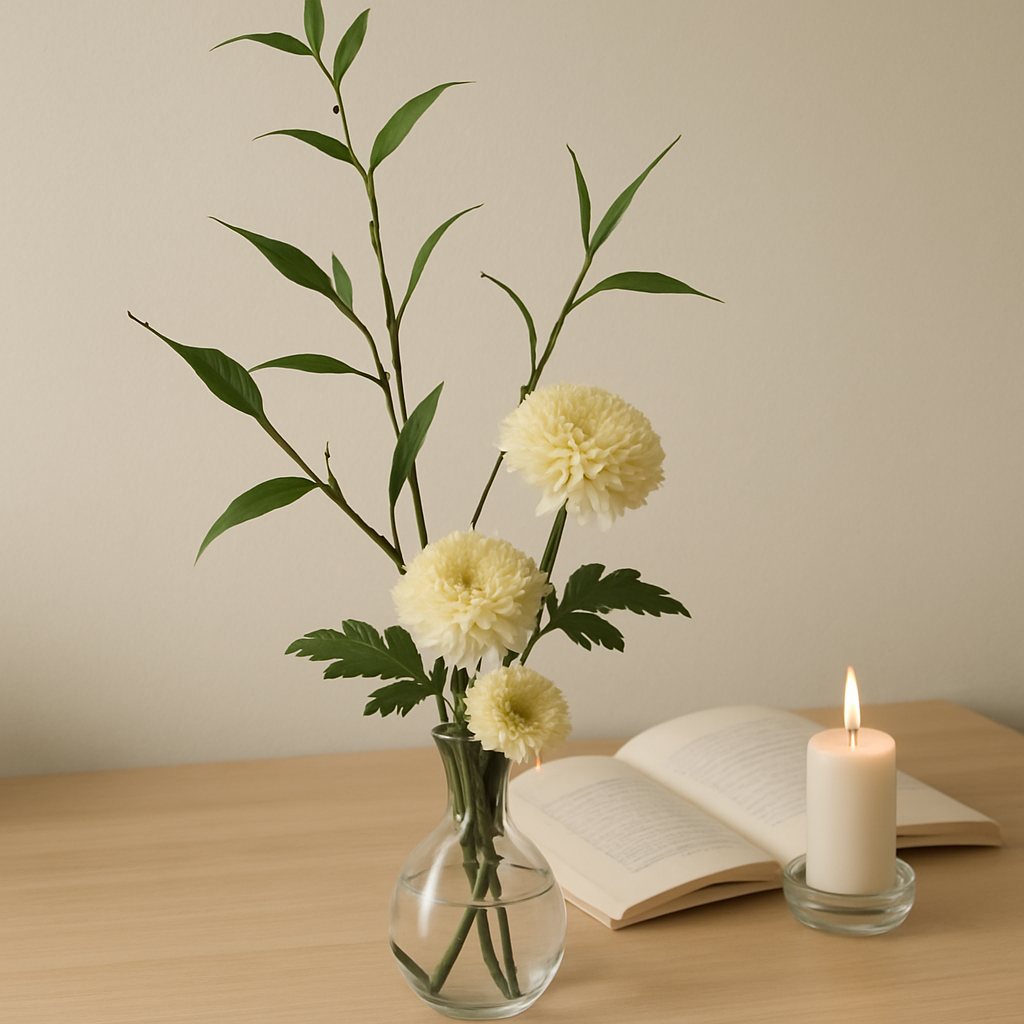 Arrangement d'ikebana sur un bureau, avec des chrysanthèmes et un livre ouvert sur la méditation.