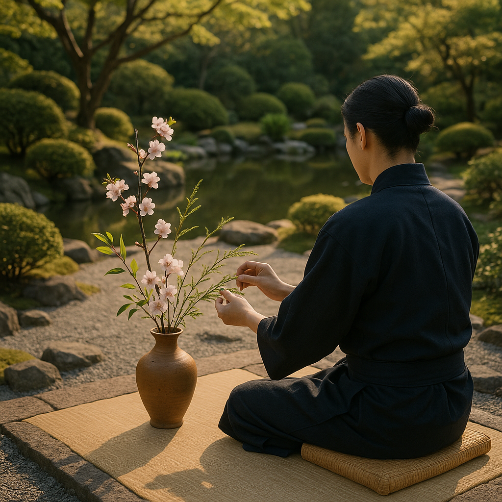 Un praticien de l'ikebana assis en plein air dans un jardin zen, créant une composition florale."