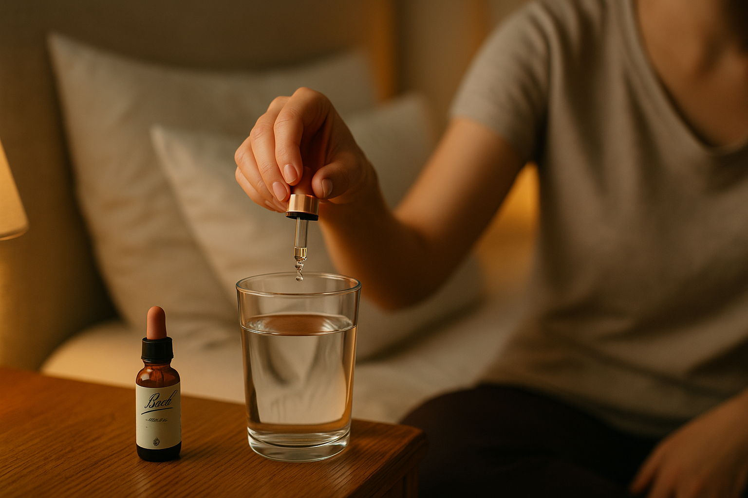 Gouttes de fleurs de Bach versées dans un verre d'eau sur une table en bois