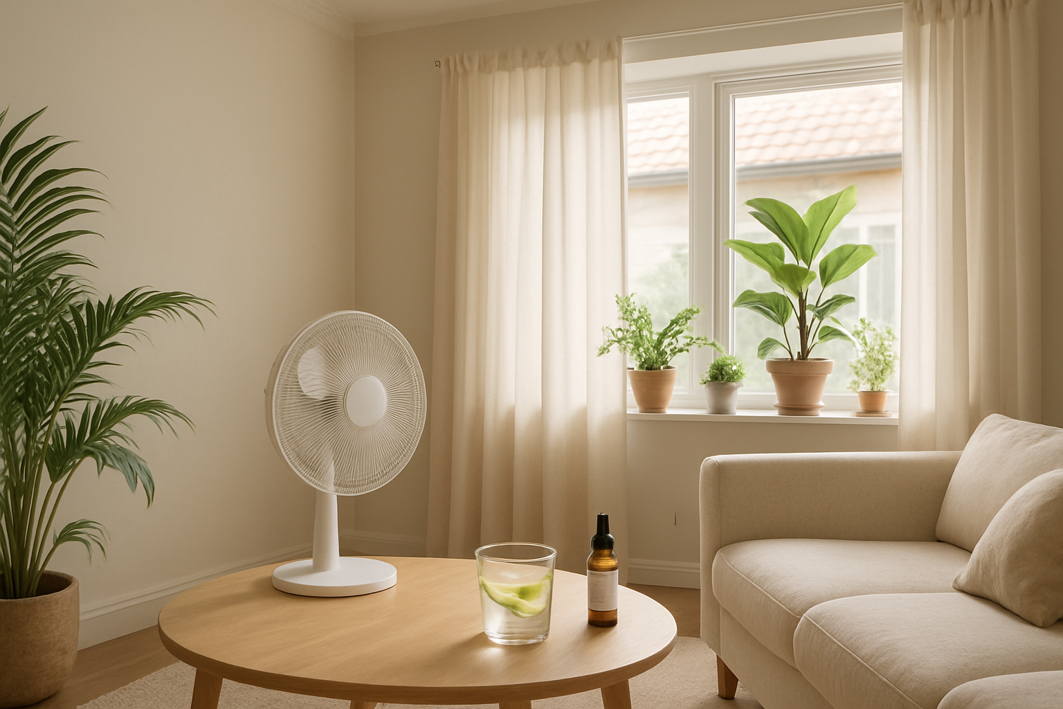 Salon frais avec ventilateur et plantes pour une canicule