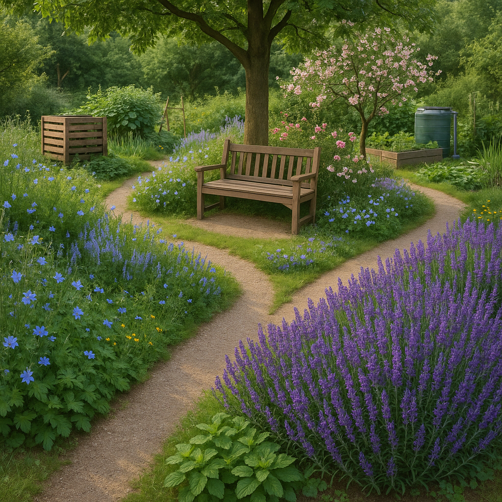Un jardin écologique avec des zones de méditation, des fleurs de Bach et un système de compostage.