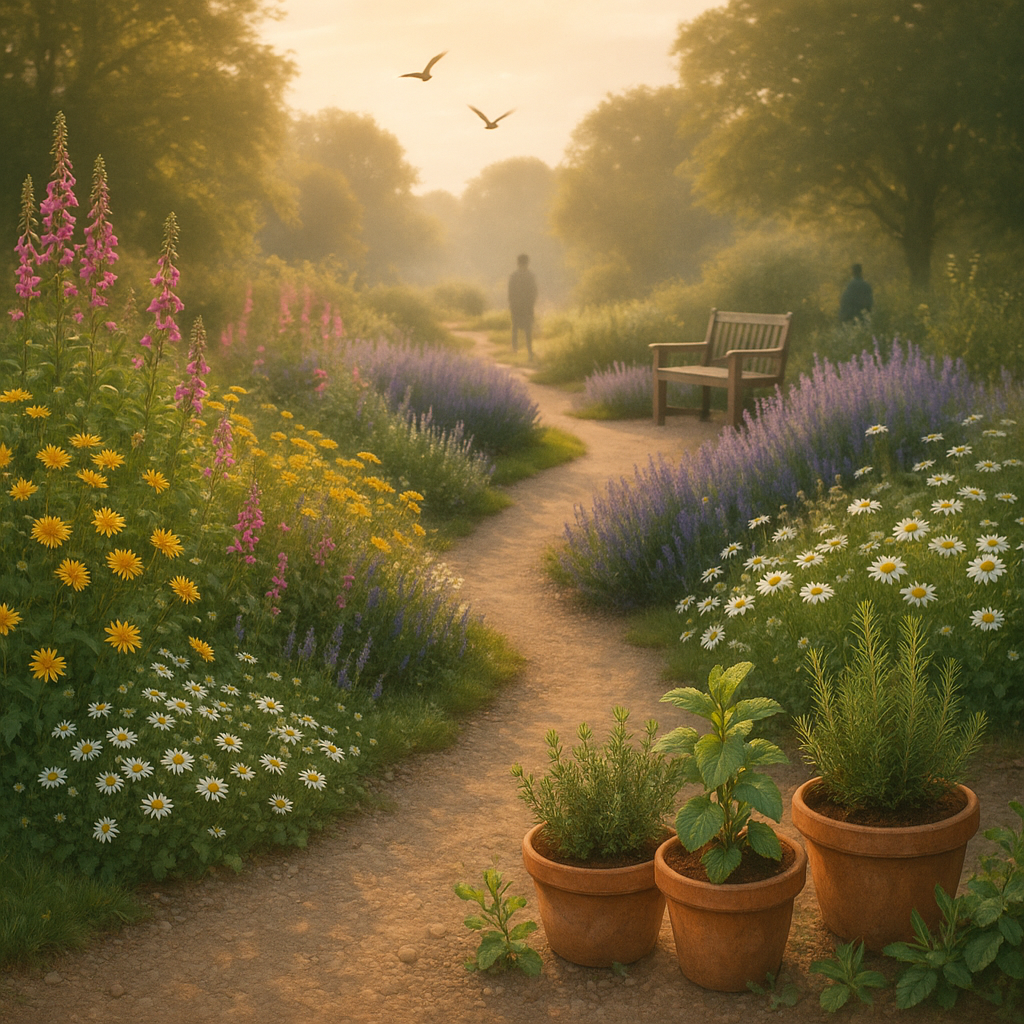 Scène sérénité dans un jardin avec fleurs de Bach, plantes aromatiques et espace de méditation.