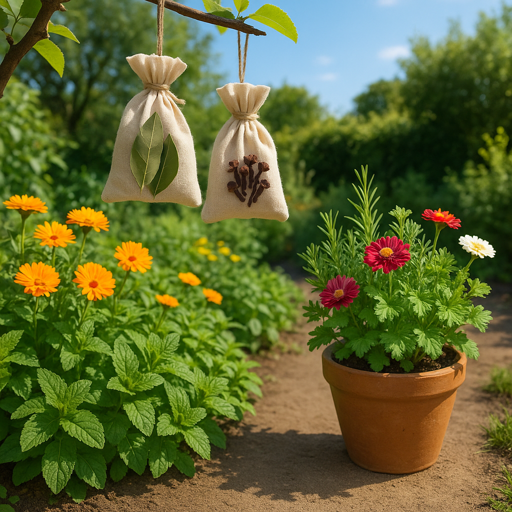 Jardin avec des plantes répulsives pour éloigner les souris, des sachets de laurier et cloves suspendus.