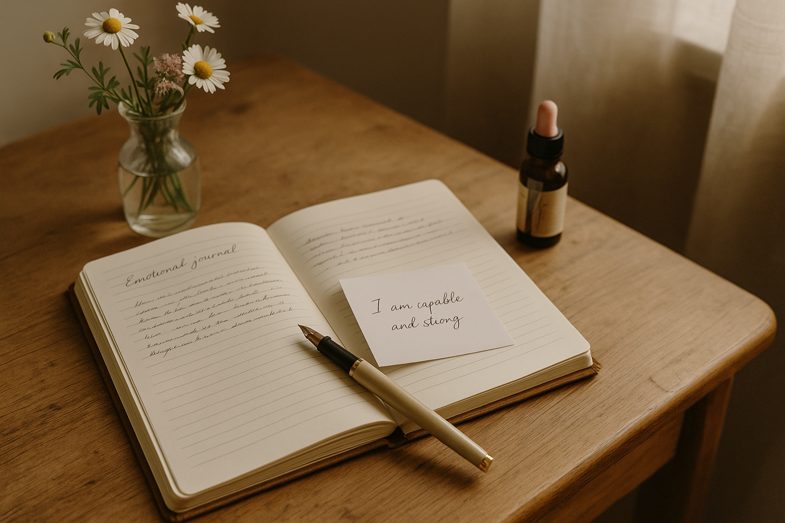 Journal ouvert avec affirmation positive et fleurs de Bach