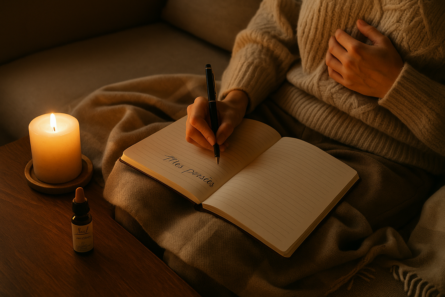 Moment de journal intime en soirée avec ambiance cocooning