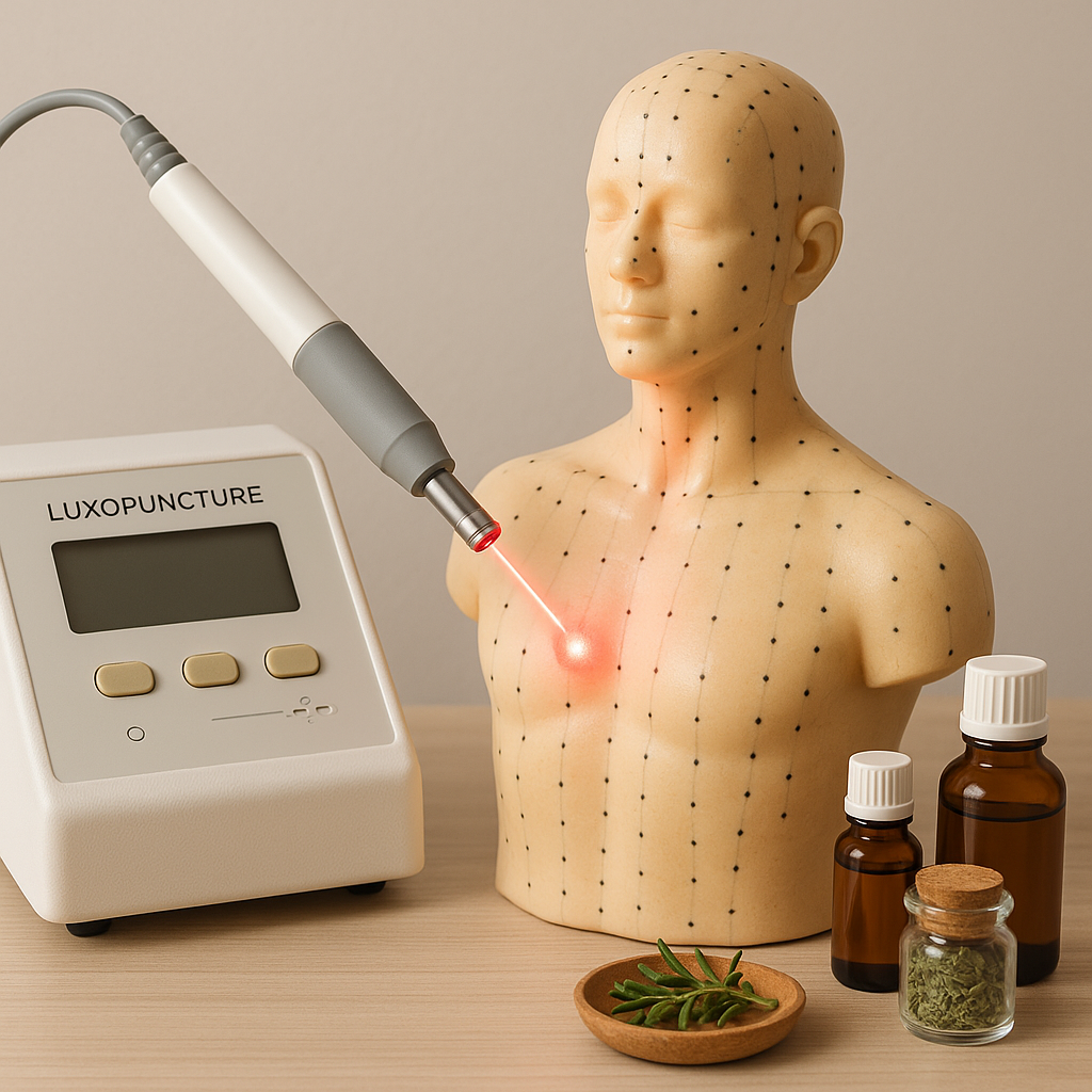 Équipement de luxopuncture avec faisceau lumineux sur un modèle de corps humain, illustrant la technique.