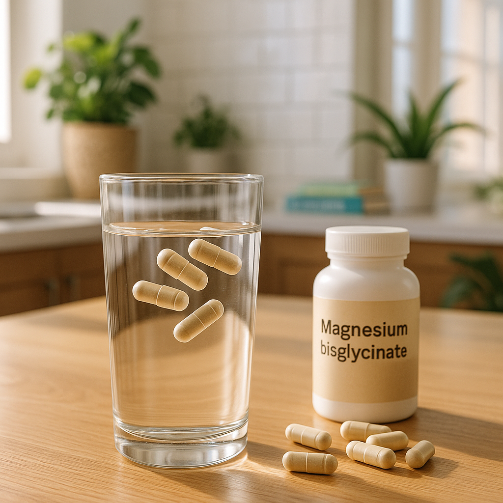 Verre d'eau avec des gélules de magnésium bisglycinate flottant à la surface, sur une table en bois.