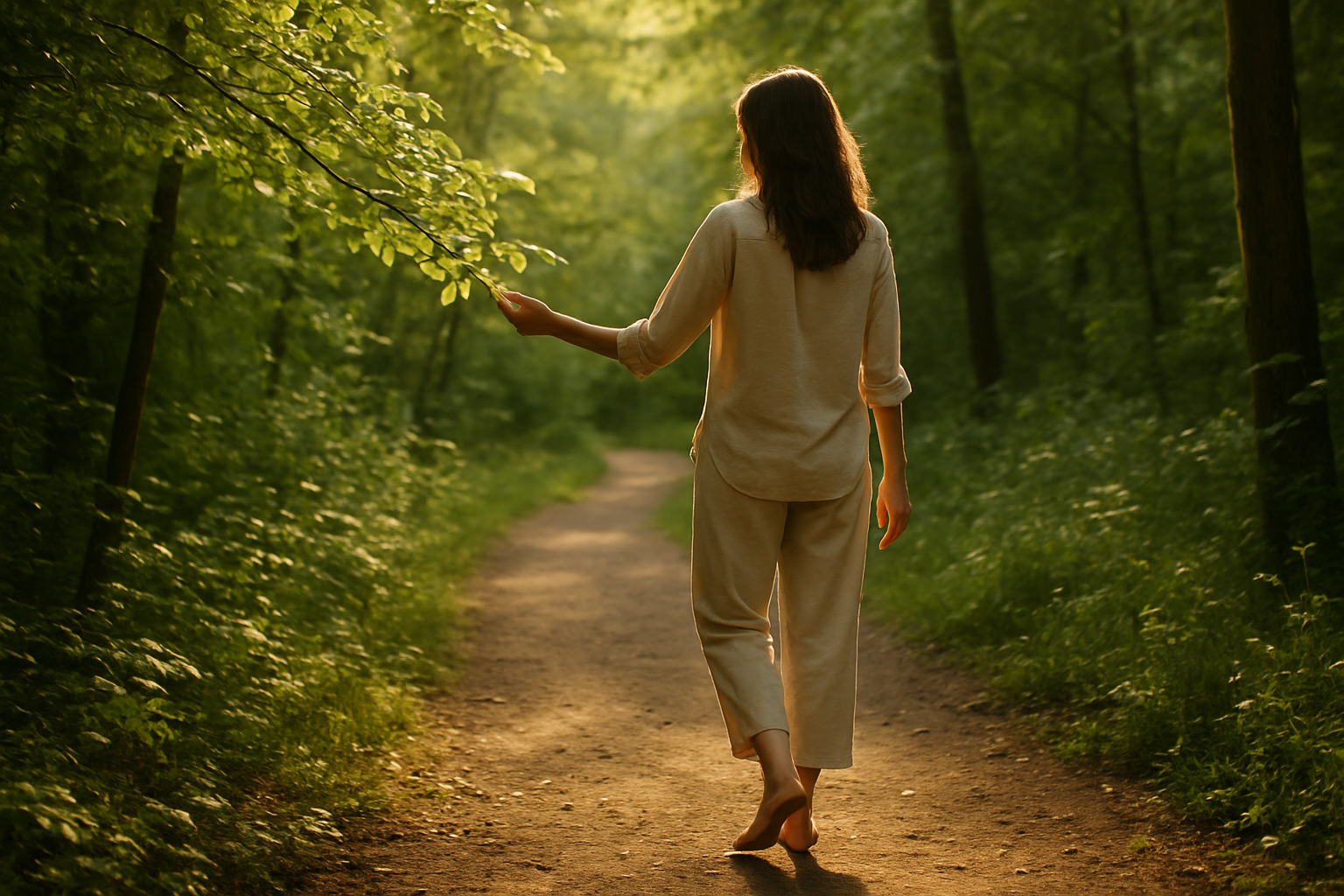 Femme marchant pieds nus dans la forêt, en pleine présence