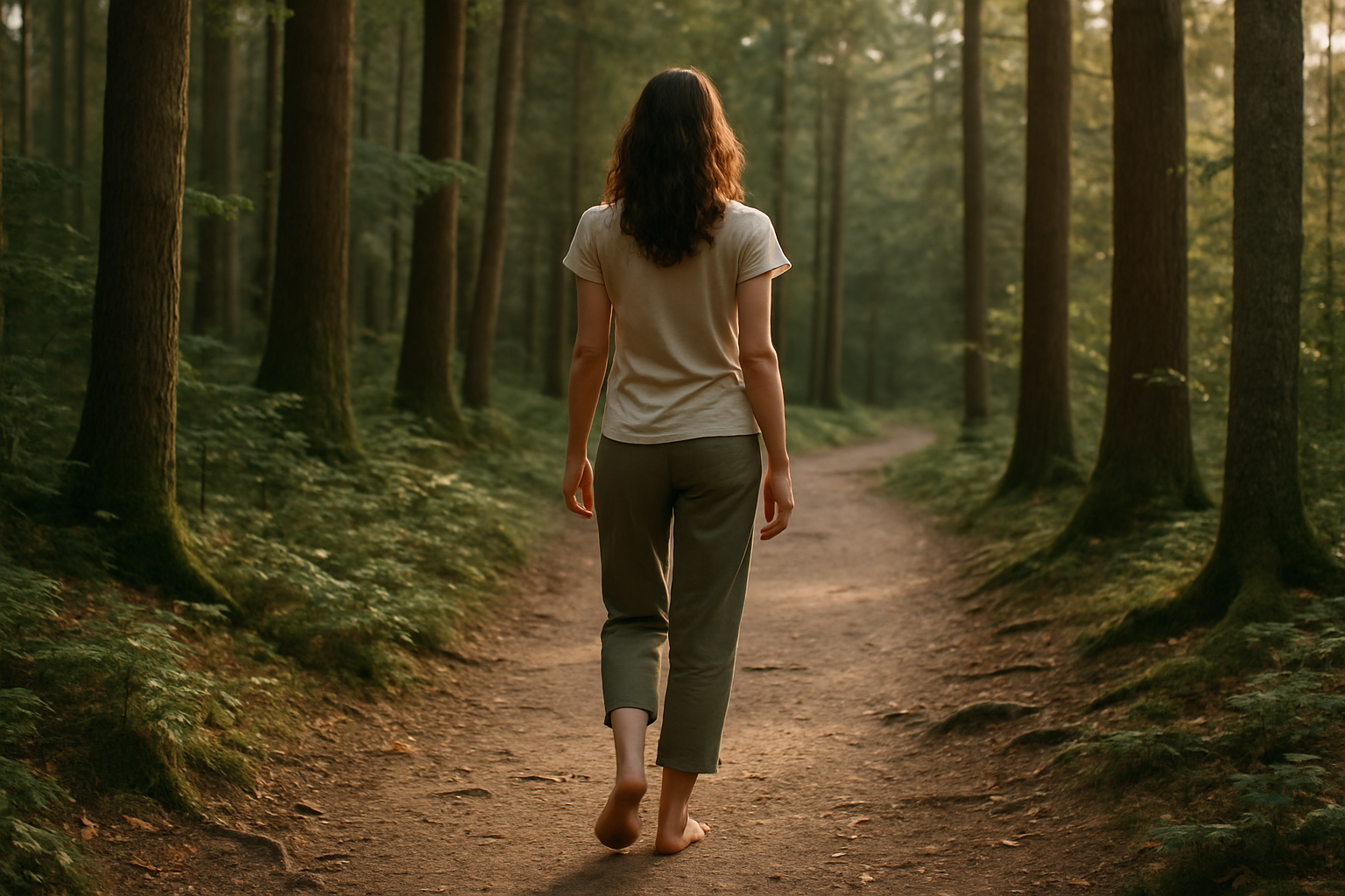 Femme marchant en pleine nature, incarnant un chemin de transformation
