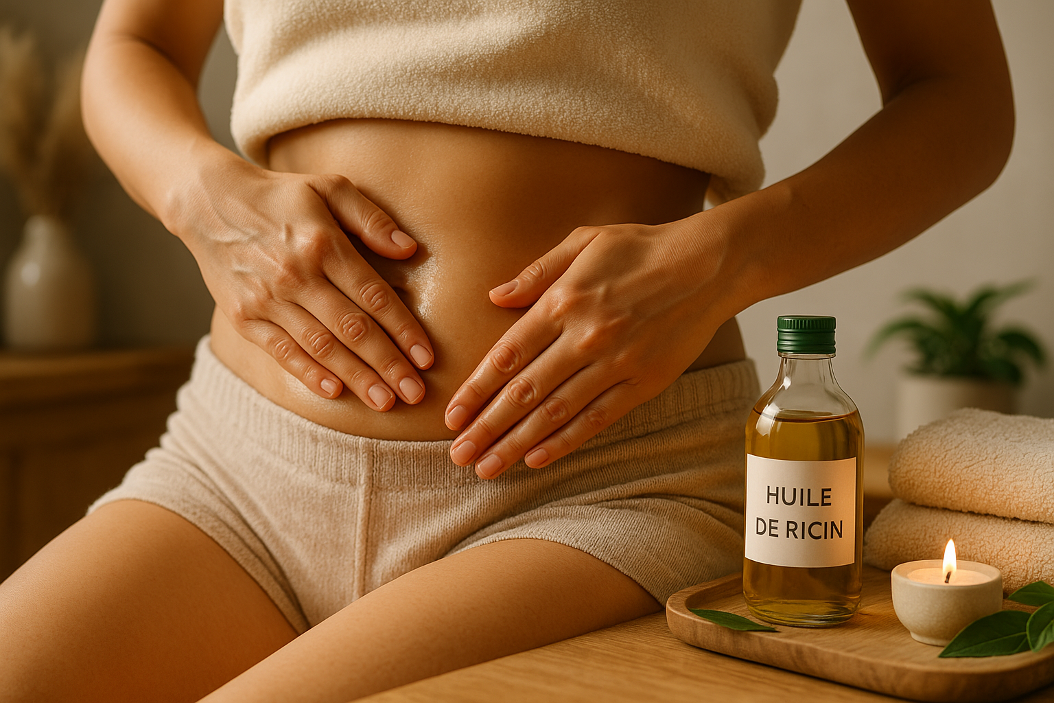 Massage doux du ventre avec de l'huile de ricin dans un cadre apaisant