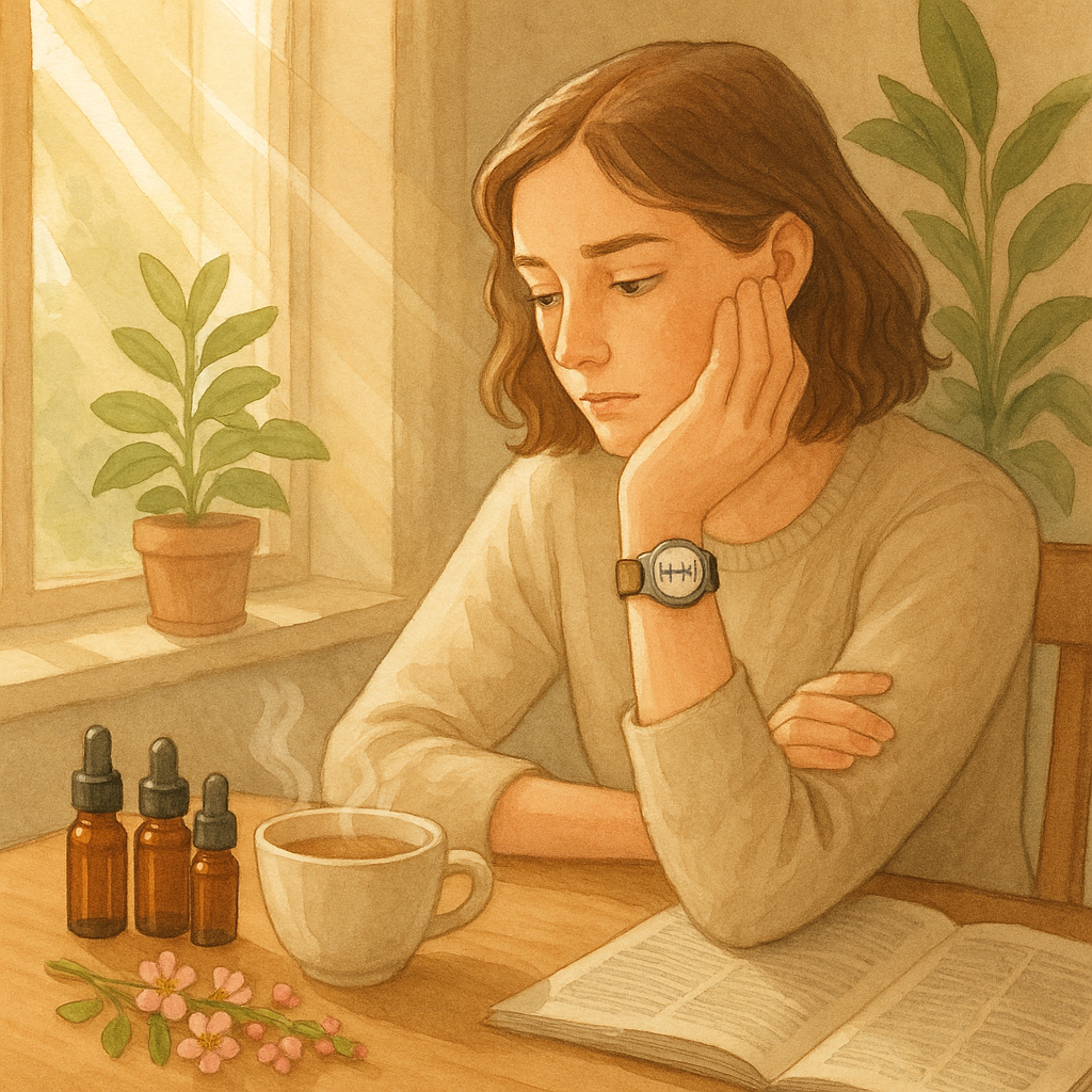 Personne réfléchissant à l'heure 14H41, avec des fleurs de Bach et une tasse de thé, dans un cadre apaisant.