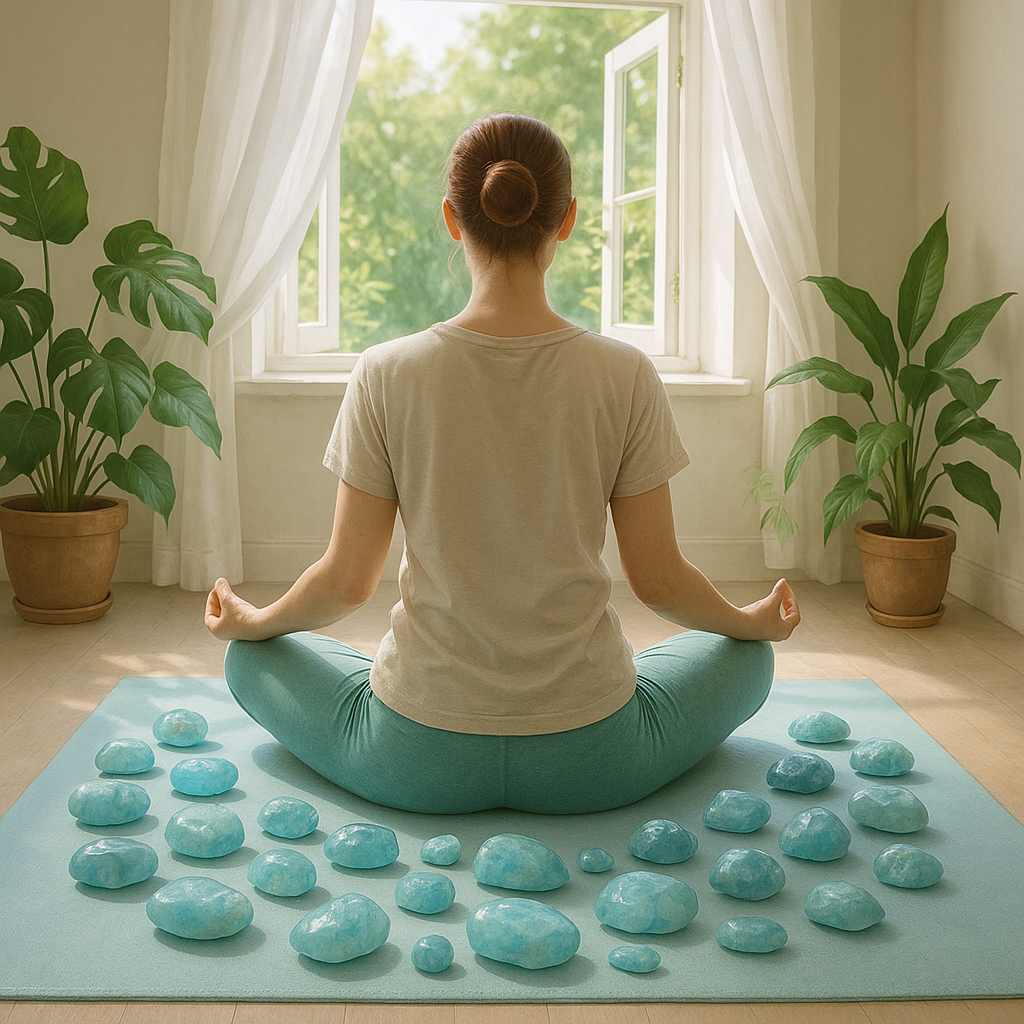 Personne méditant avec des pierres d'aigue-marine, dans une ambiance naturelle et sereine.
