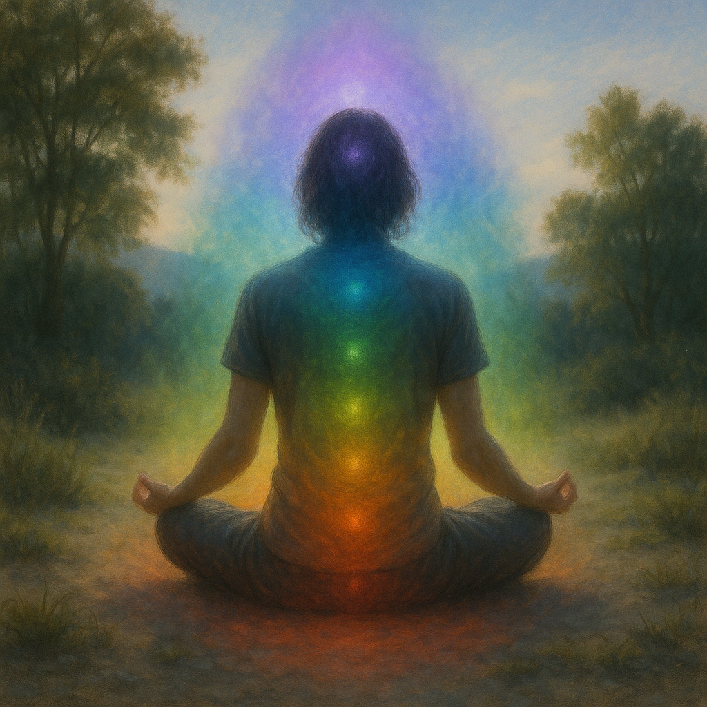 Personne méditant en pleine nature avec des couleurs des chakras autour d'elle.