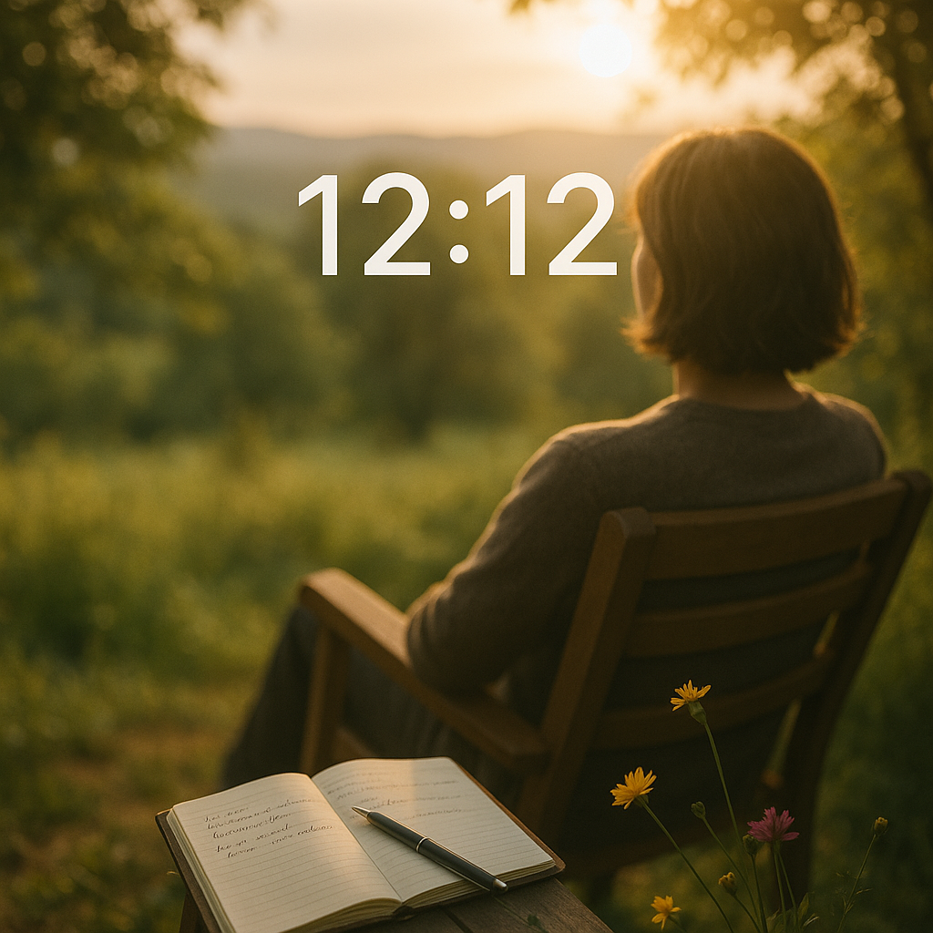 Un individu en méditation au milieu de la nature, illustrant l'heure miroir 12h12 et l'inspiration personnelle.