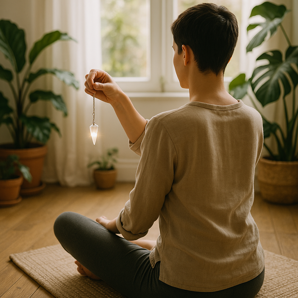 Personne méditant avec un pendule en cristal de roche, dans une pièce calme et naturelle.