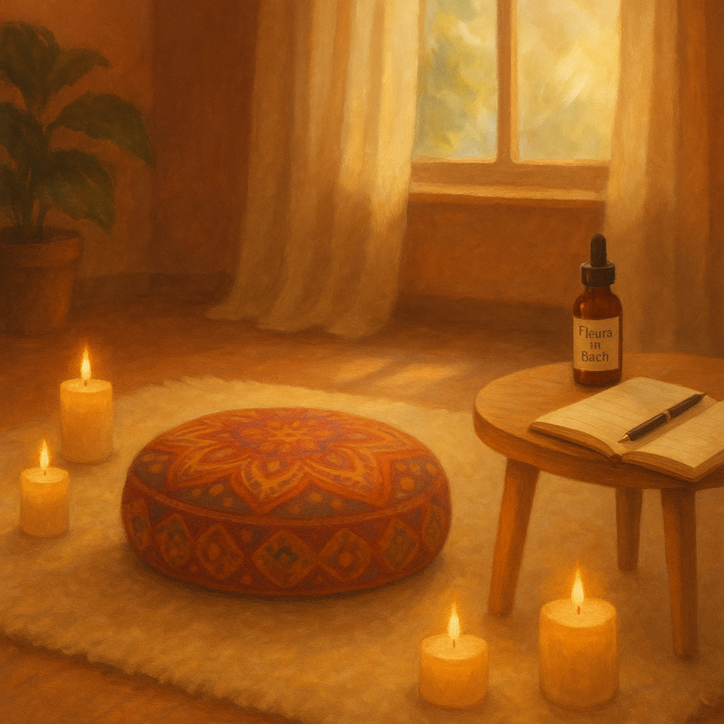 Espace de méditation avec coussin, fleurs de Bach, et ambiance apaisante pour favoriser l'introspection et le bien-être.