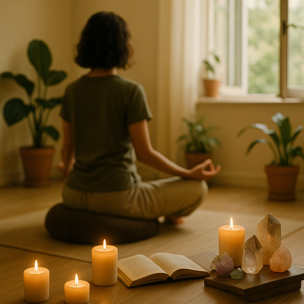 Scène d'une personne en méditation entourée d'éléments apaisants, symbolisant l'équilibre intérieur.