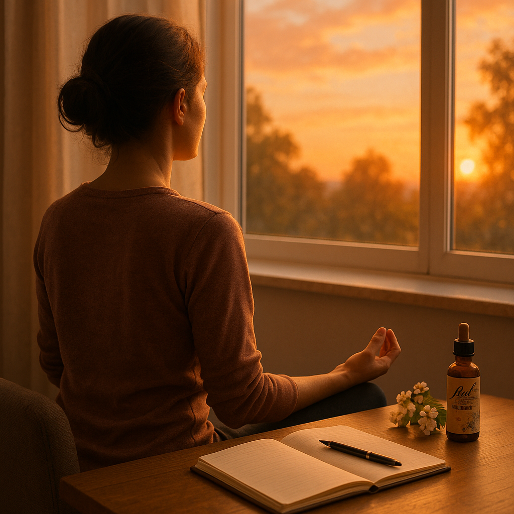 Personne méditant près d'une fenêtre avec des fleurs de Bach et un carnet