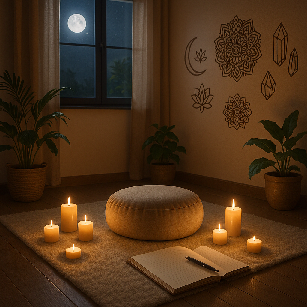 Scène de méditation paisible avec des bougies, un coussin et des symboles spirituels.