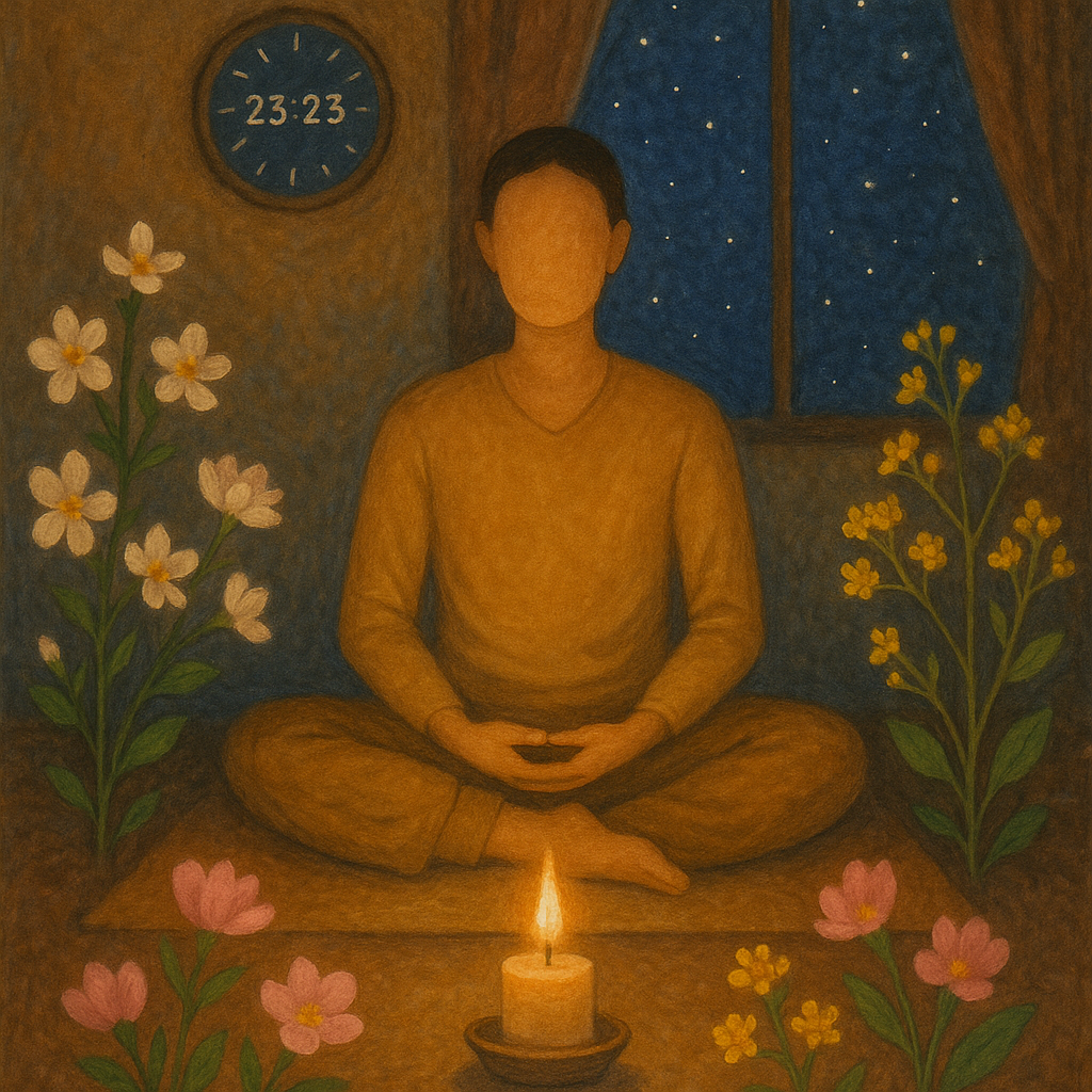 Personne méditant entourée de fleurs de Bach et d'une horloge affichant 23h23.