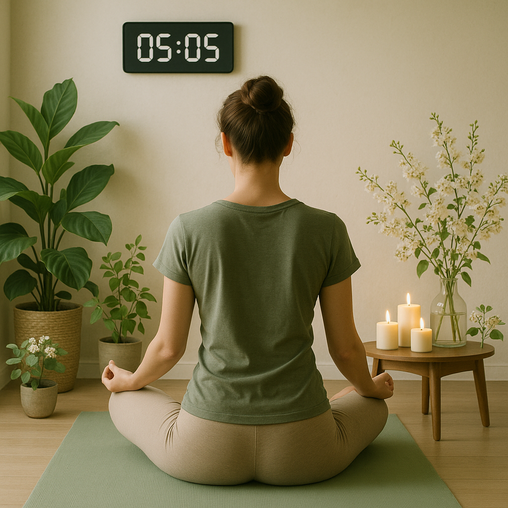 Personne en méditation sur un tapis entourée de plantes et d'une horloge montrant 05h05.