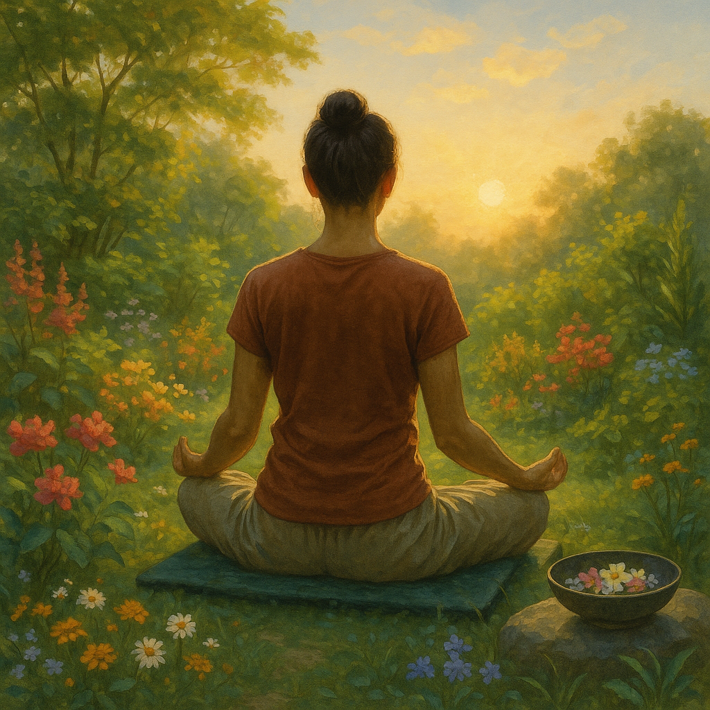 Personne méditant dans un jardin luxuriant à l'aube, avec des fleurs de Bach, exprimant l'harmonie et le bien-être.