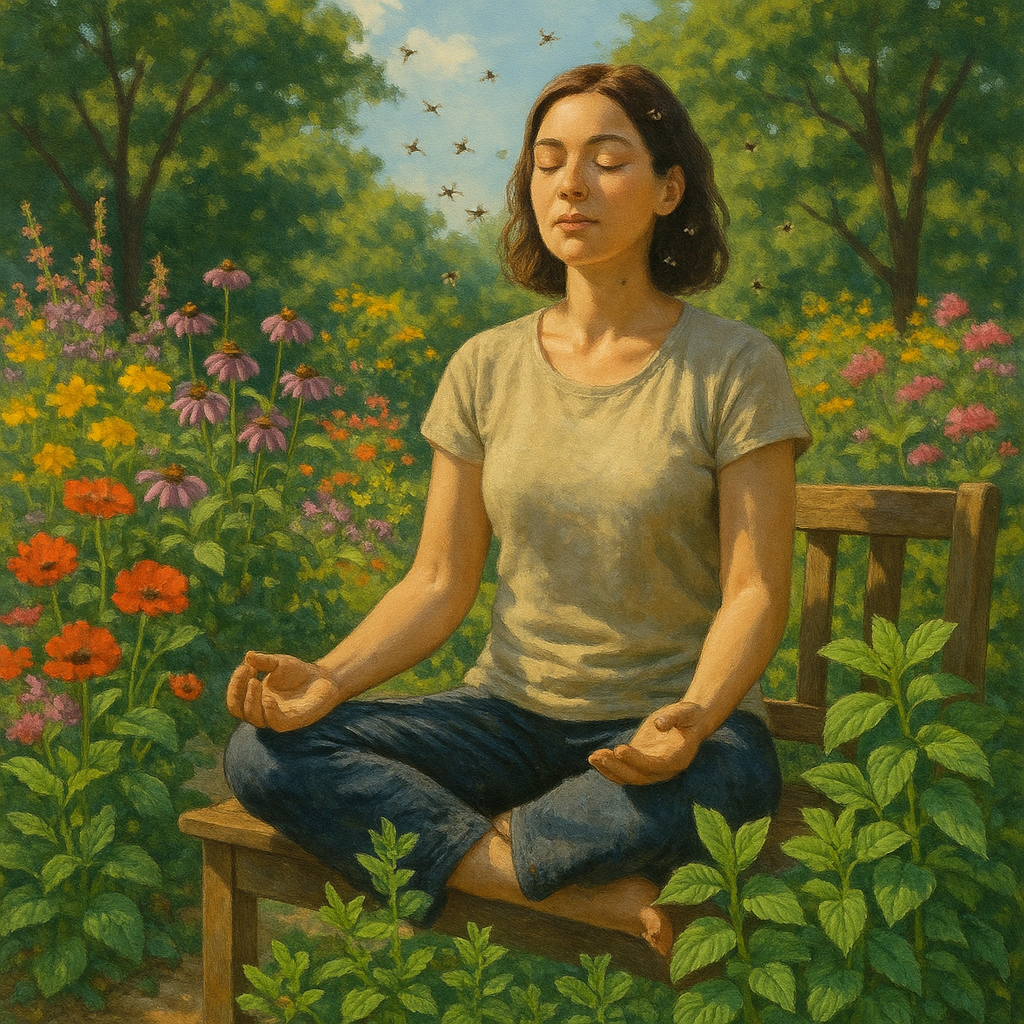 Scène d'un jardin serein avec une femme méditant, entourée de mouches, symbolisant l'introspection et l'accueil des messages spirituels.