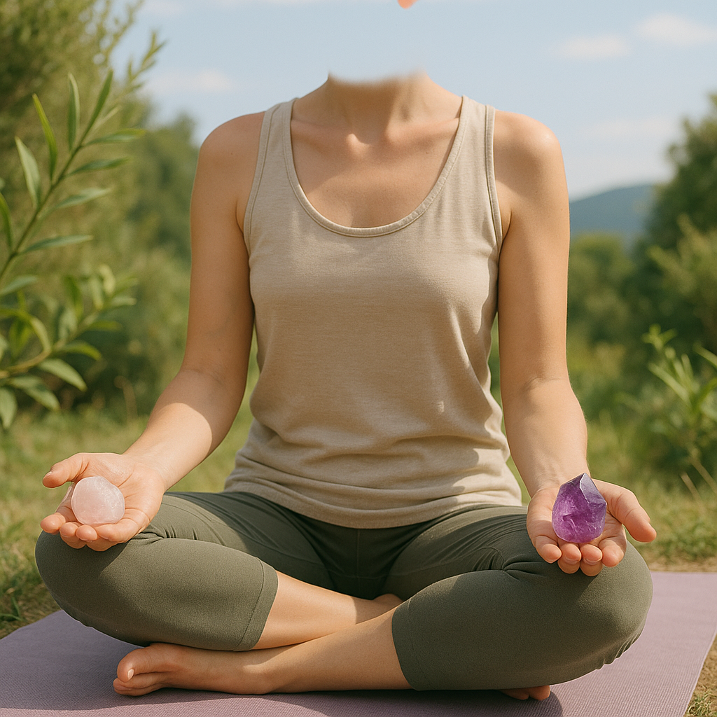 Image d'une personne méditant avec des pierres dans un cadre naturel, représentant le bien-être en lithothérapie.