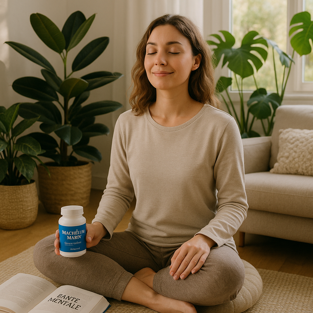 Femme méditant dans un espace serein, tenant un pot de magnésium marin avec des plantes en arrière-plan.