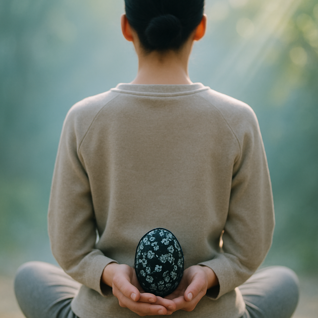Personne méditant avec une obsidienne neige dans les mains, dans une atmosphère sereine.